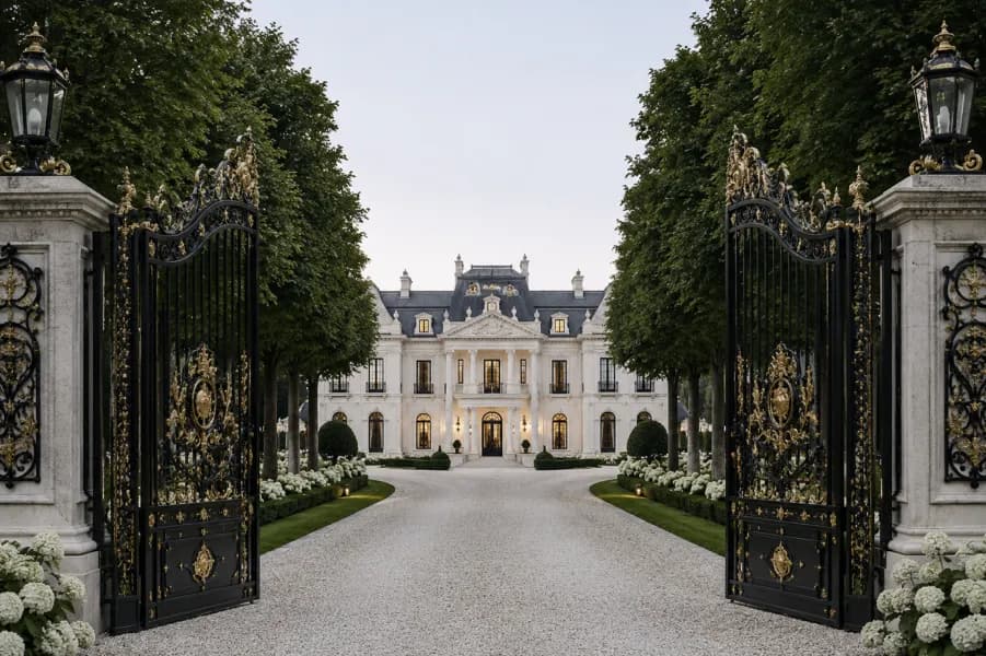 Entrée monumentale d’un château entourée de végétation